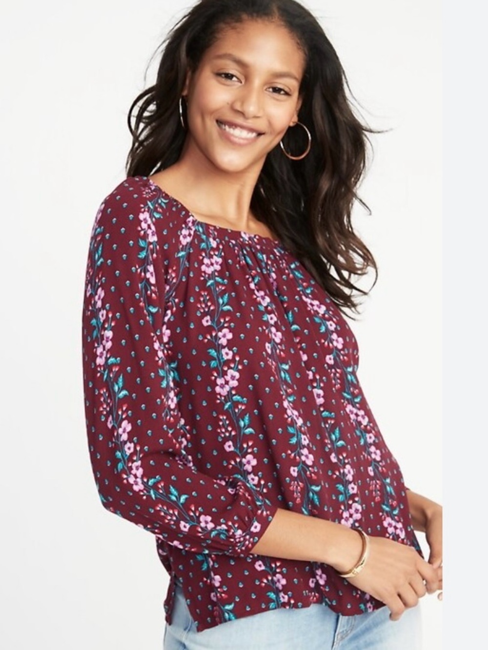Old Navy Burgundy Floral Square-Neck Long Sleeve Tunic
